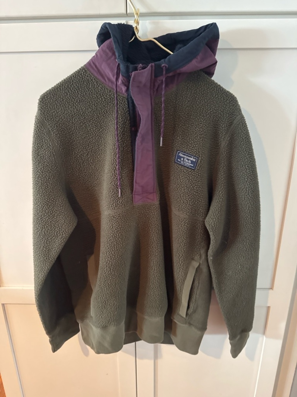 Olive Green Sherpa Pullover with Purple Hood